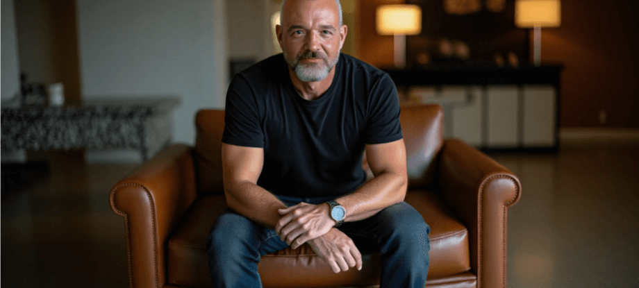Man sitting on a brown leather chair indoors.