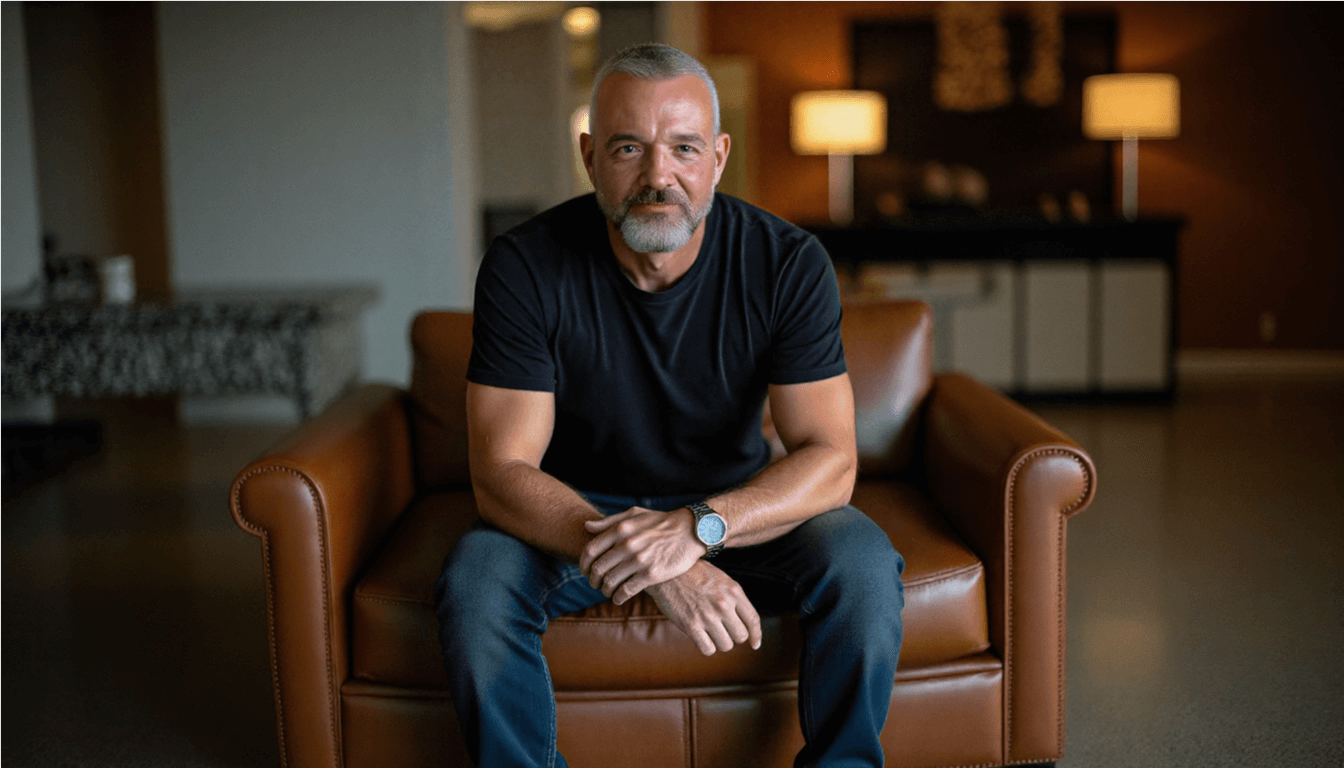 Man sitting on a brown leather chair indoors.