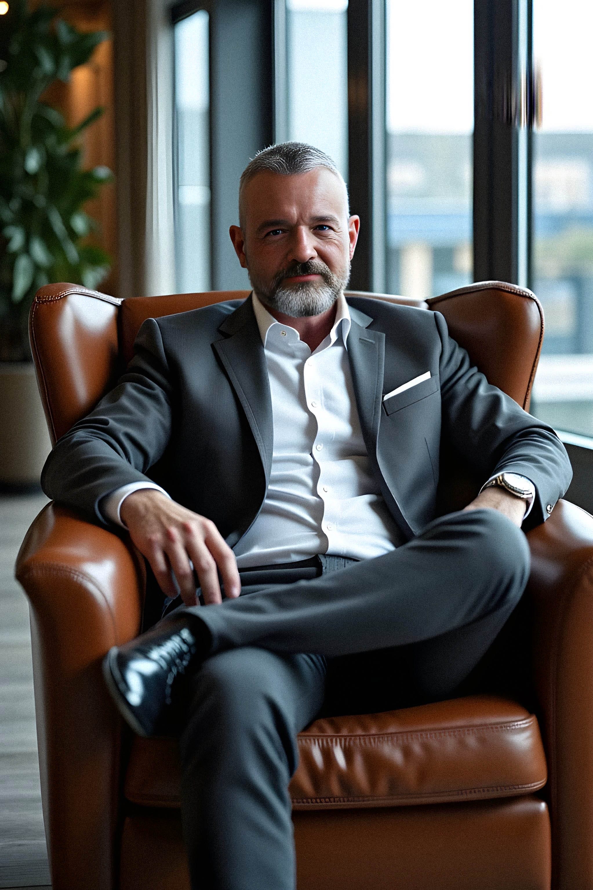 Dane Shakespear in a suit sitting confidently in a chair.