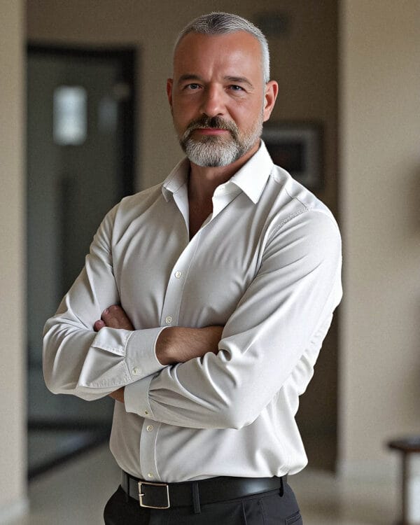 Confident man in a light button-up shirt.