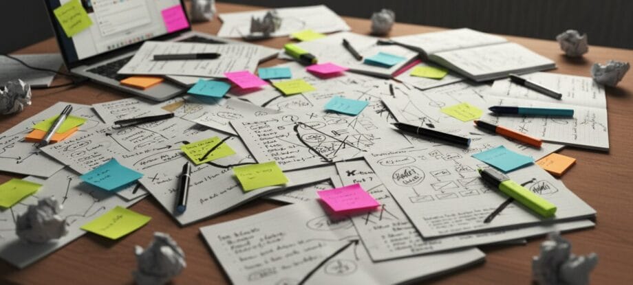 Messy desk with notes, pens, and laptop