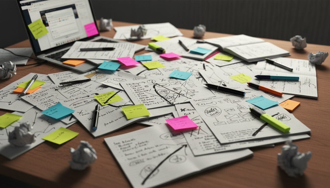 Messy desk with notes, pens, and laptop