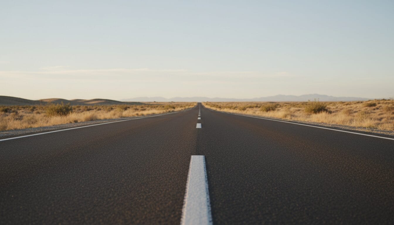 Empty desert highway stretching toward distant mountains