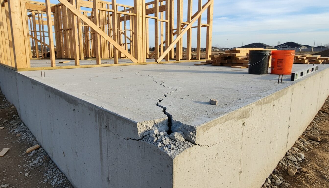 Cracked concrete foundation at house construction site