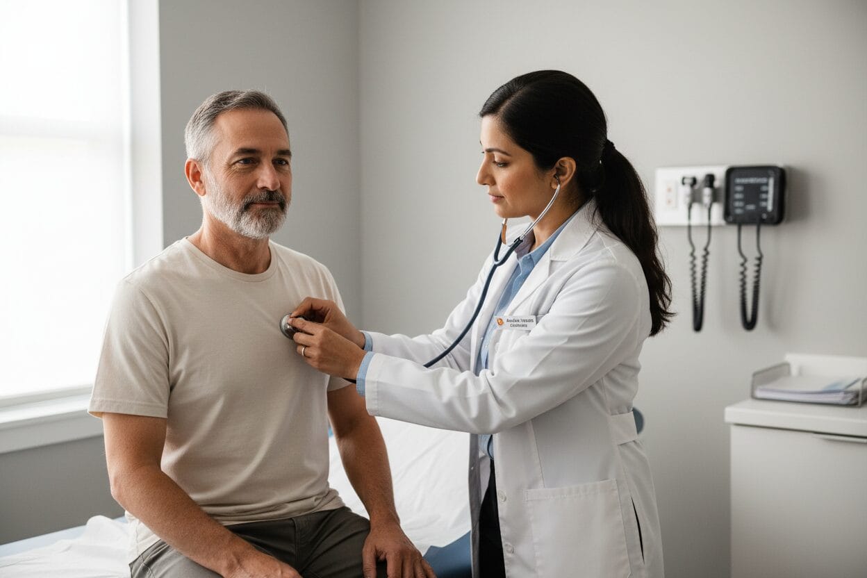 Doctor checking patient's heartbeat with stethoscope