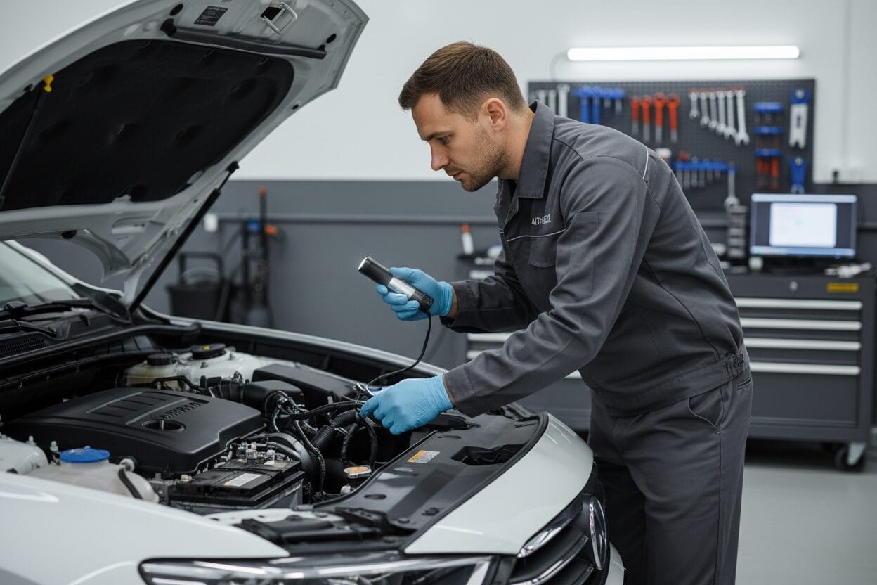 Mechanic inspecting car engine in workshop