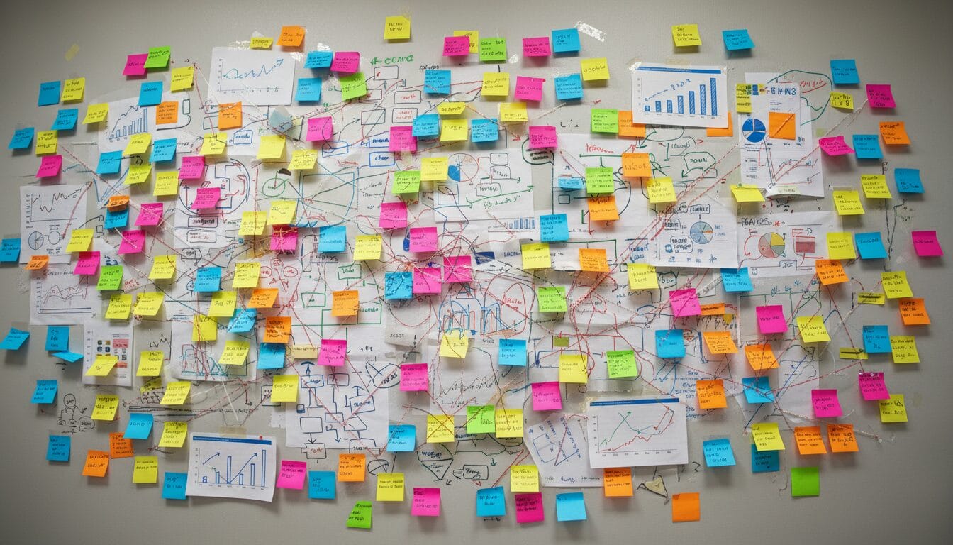 Colorful sticky notes and charts on planning wall