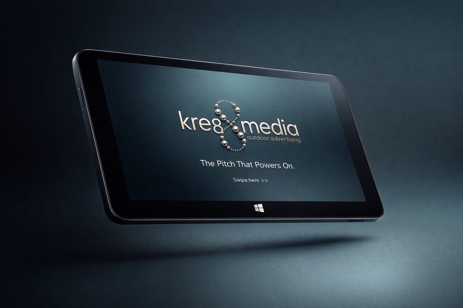 Tablet displaying digital advertising company logo
