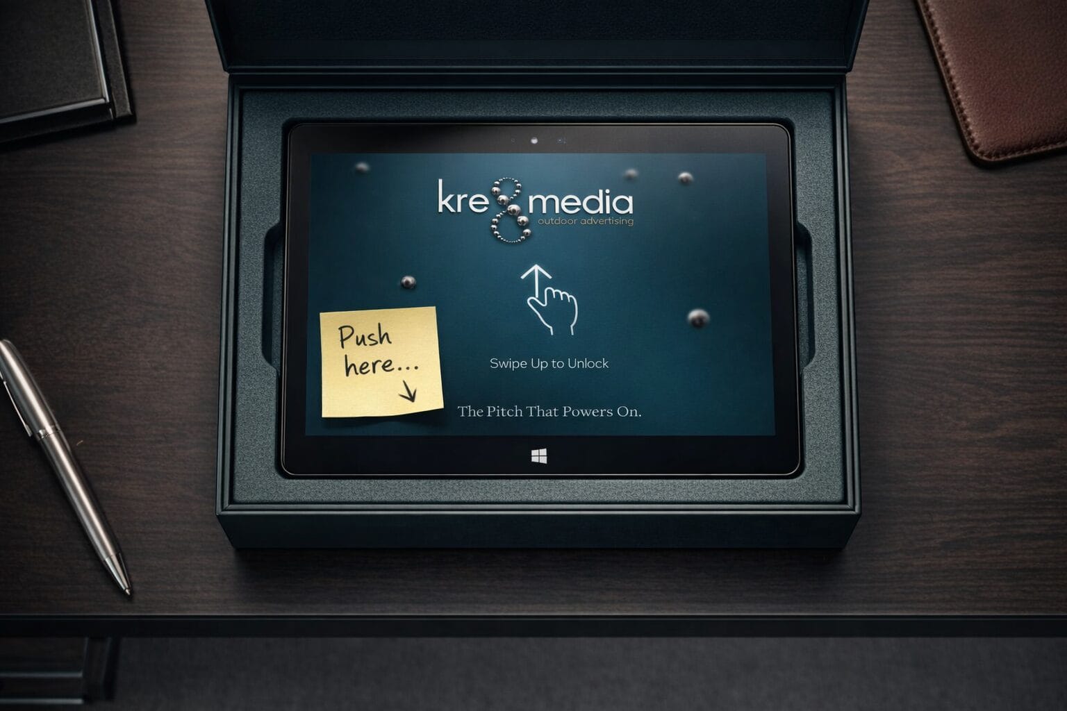 Tablet with sticky note saying push here