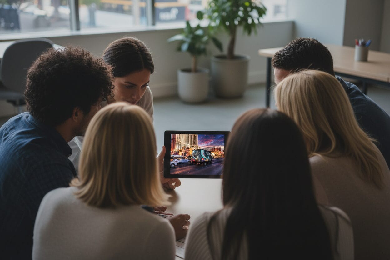 Team viewing city photo on tablet